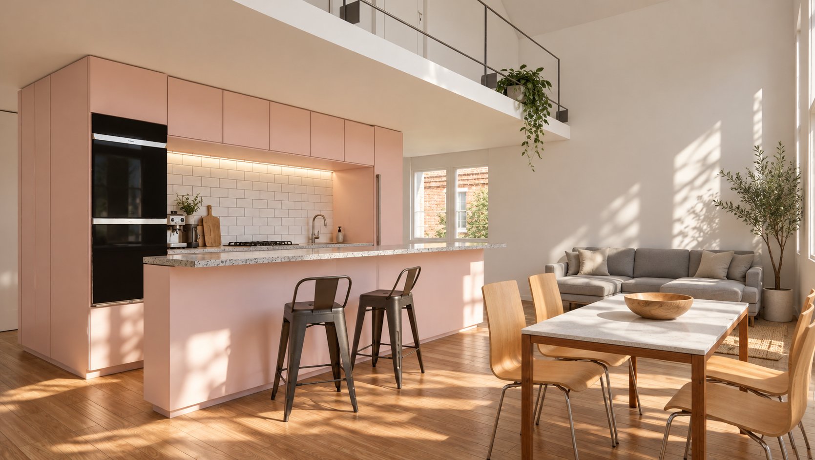 Houplines — pink kitchen island with mezzanine